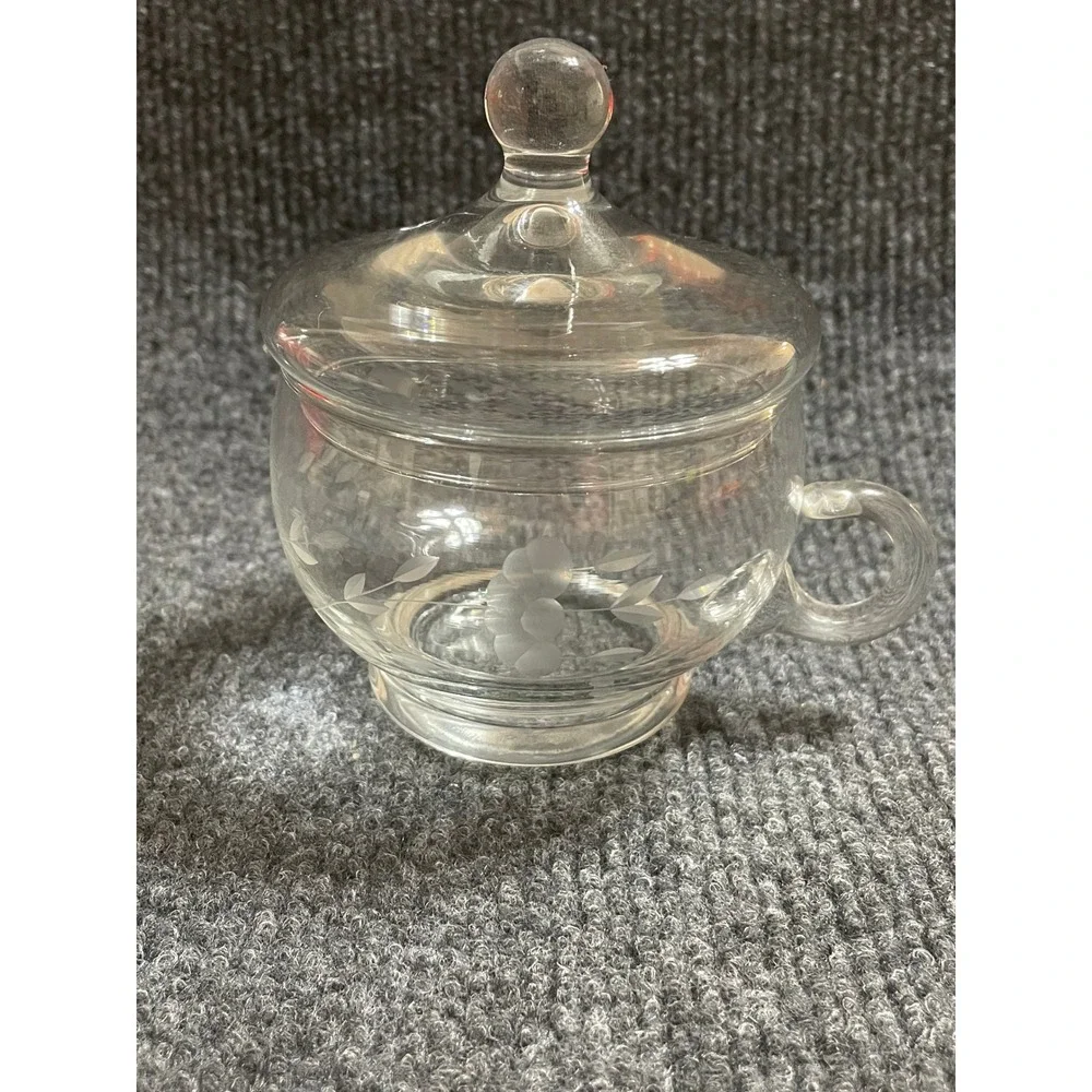 Vintage Etched Glass Jam Jar with Lid and Handle Clear Floral Condiment Server